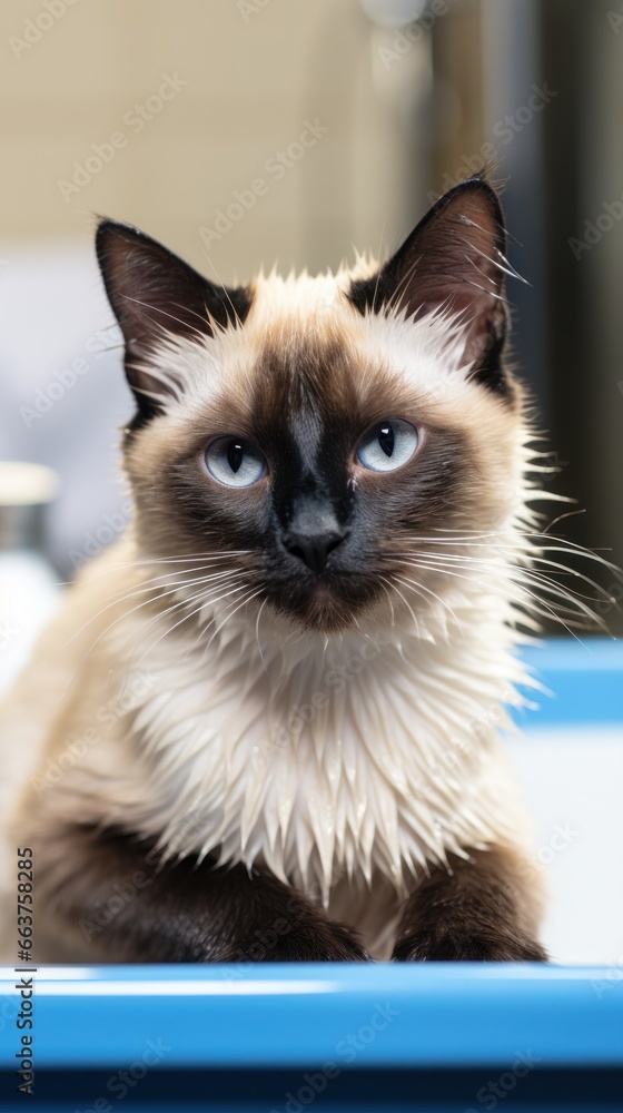 Contented Siamese cat receiving a thorough grooming from a caring owner