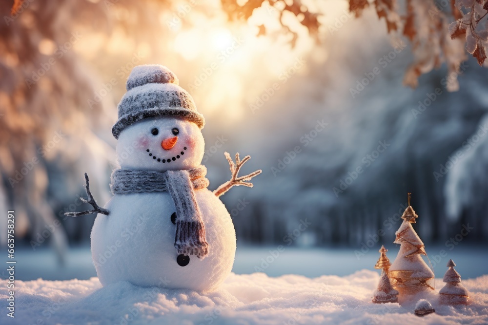 a snowman is sitting in the snow outdoors at night