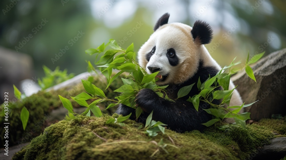 A panda sitting on a rock munching on bamboo leaves