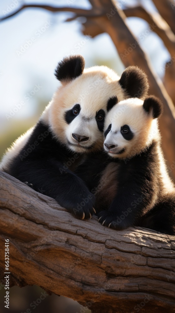 Two pandas sitting together looking content and relaxed