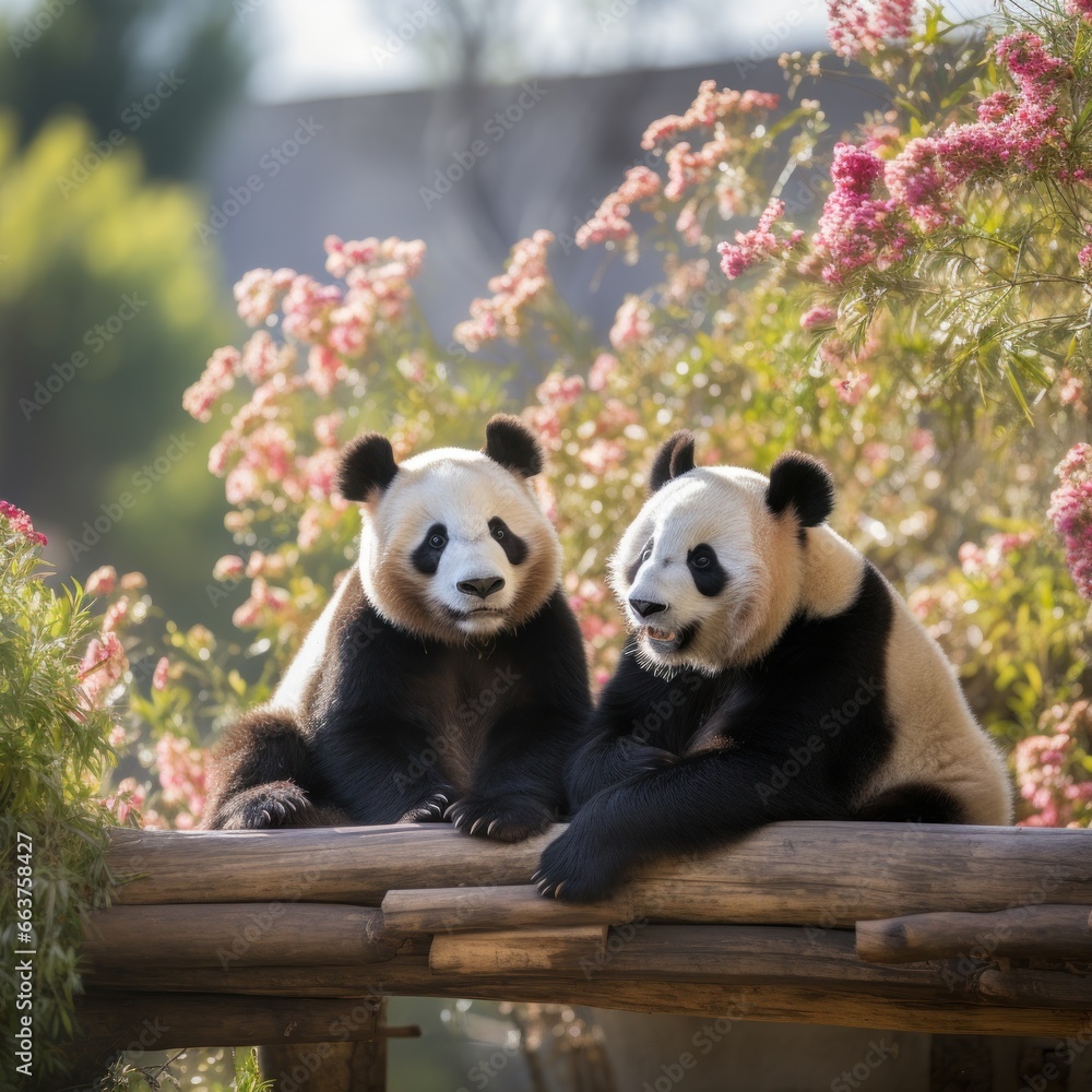 Two pandas sitting together looking content and relaxed