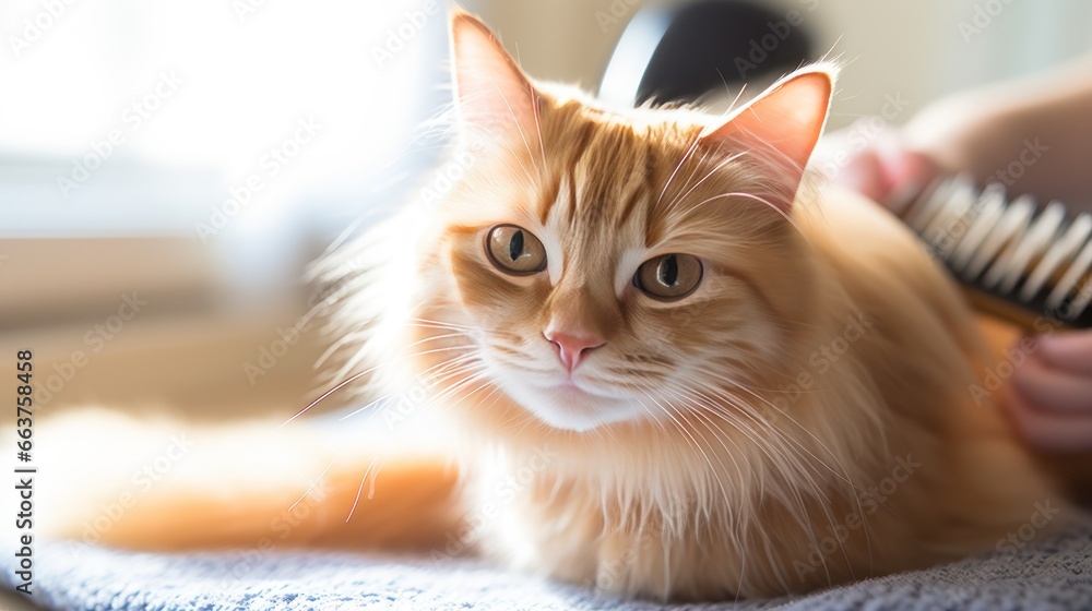 Adorable orange tabby cat being brushed with a red comb