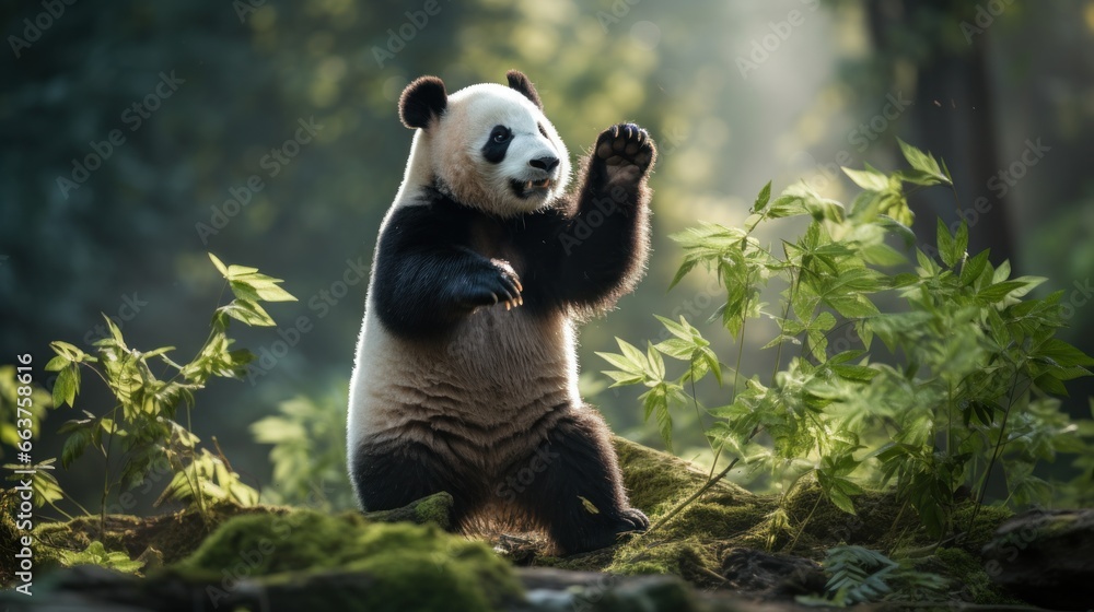 A panda standing on its hind legs, reaching up to grab some bamboo