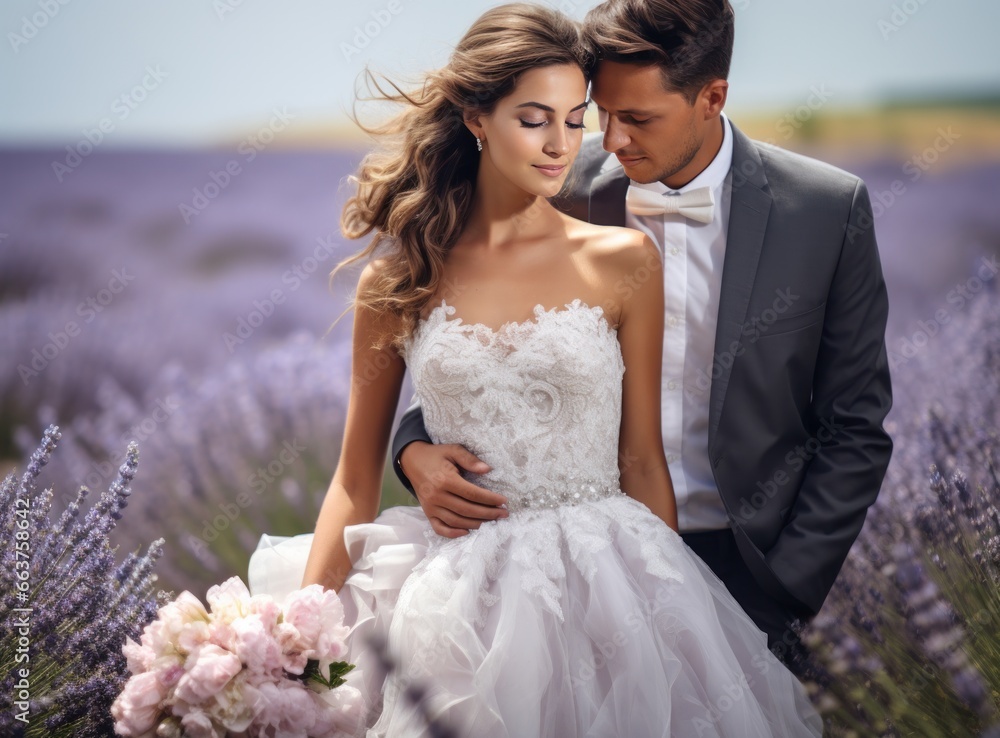 couple of bride and groom in lavender field