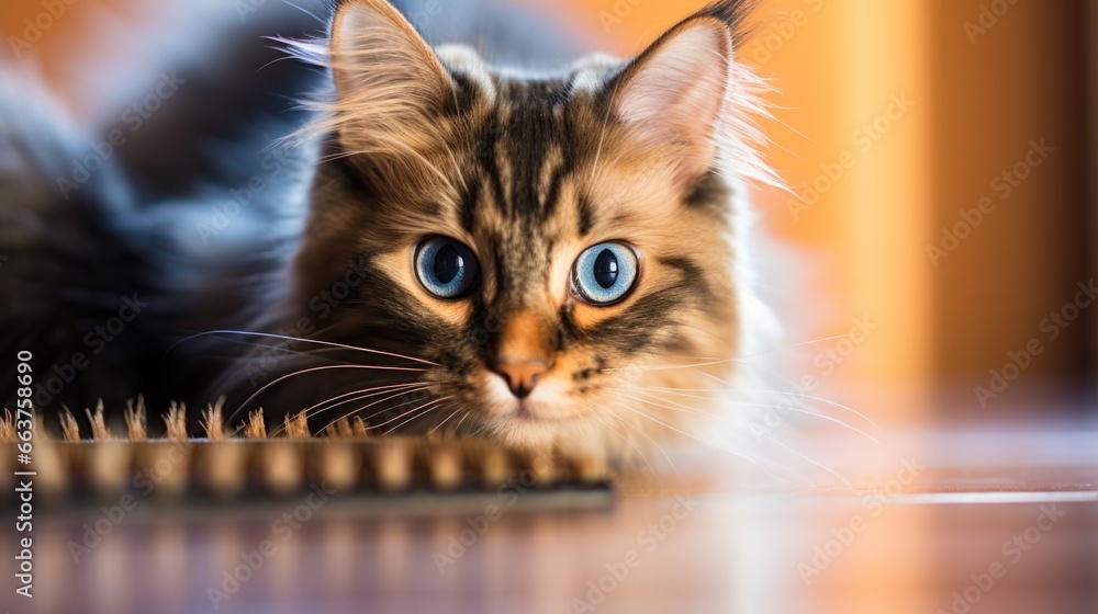 Curious tortoiseshell cat watching its owner comb its fur with a blue brush