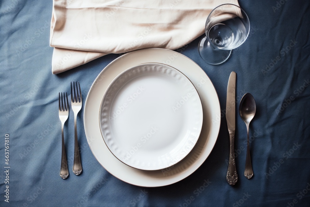 empty plates and silverware against a crisp linen backdrop