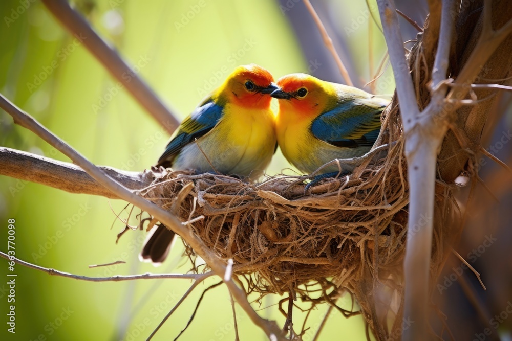 a pair of birds building a nest together