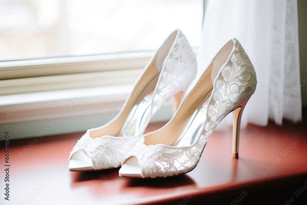 a pair of white lace wedding shoes positioned side by side