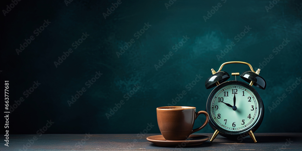 Vintage alarm clock and cup of coffee on the uniform dark backdrop with a copy space. Generative AI