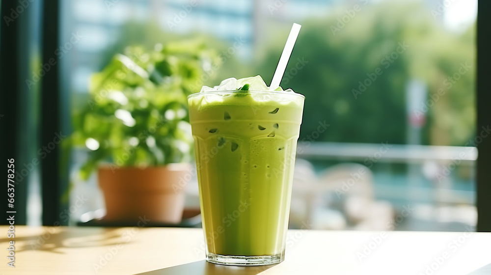 Closeup of iced matcha latte in a stylish glass on sunny background in front of the window in a cafe. Generative AI