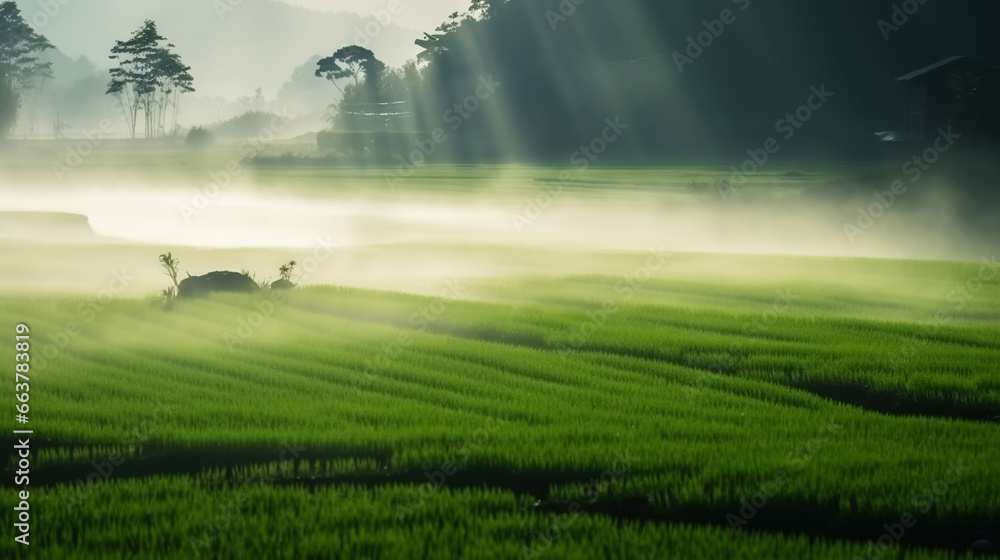 Beautiful mystery green rice fields covered by morning fog, mountain in the background. Generative AI