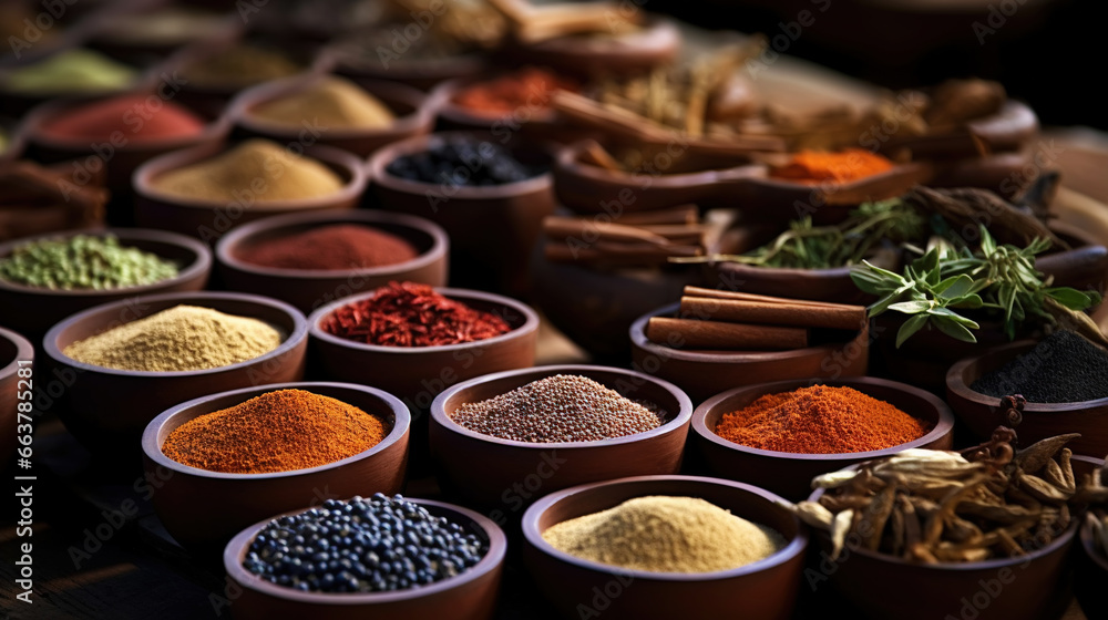 Collection of different aromatic spices, seeds and herbs in a small plates on wooden table, side view. Generative AI