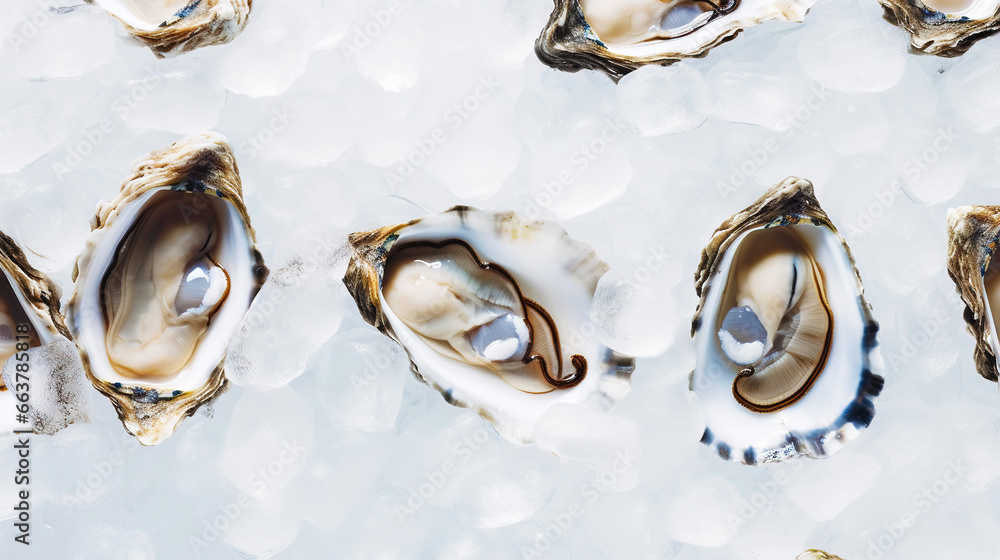 Top view on fresh oysters laying on crushed ice. Seafood background. Generative AI