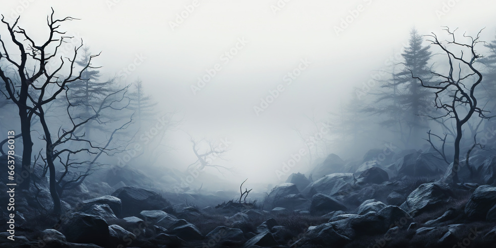 Misty forest with dare trees and rocks. Minimalistic scenery landscape. Generative AI