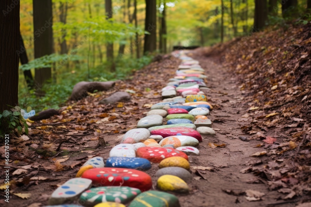 painted rocks spread out on forest path