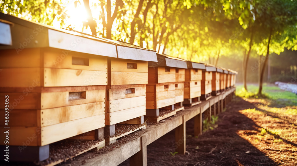 Closeup of honey hives in an apiary, sunny day. Apiculture concept. Generative AI