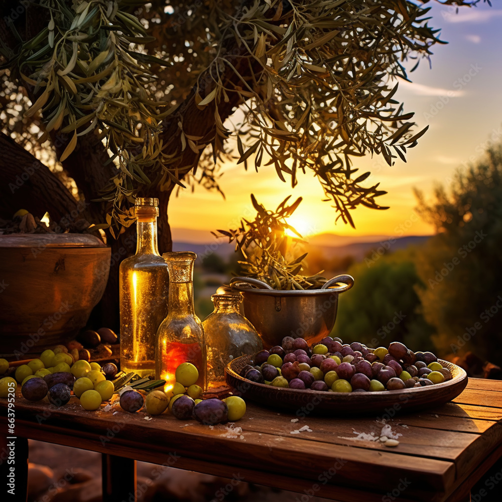 Bottles with organic olive oil and olives on a wooden table on the background of sunset in an farm garden. Generative AI