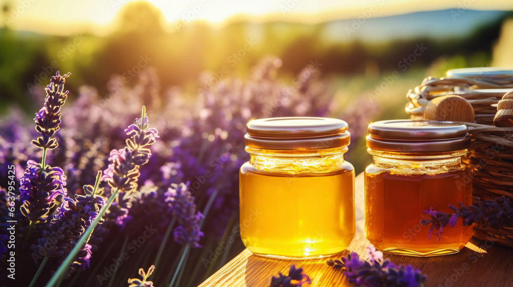 Jars of organic flower honey on a wooden table, with lavender, sunset in the background. Generative AI