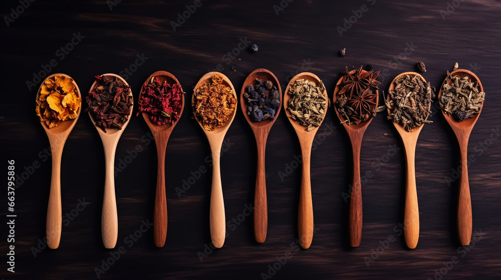 Different types of tea and herbs in vintage wood spoons, top view on dark background. Copy space. Generative AI