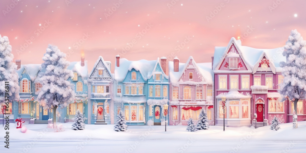 Winter cute town with snow-covered street and cozy houses. Town landscape background, greeting card. Generative AI