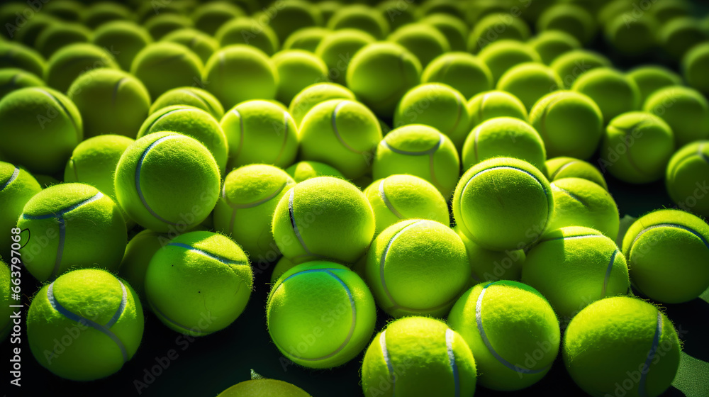 Closeup of a plenty of tennis balls on an empty tennis court, the sunshine. Sports lifestyle concept. Generative AI