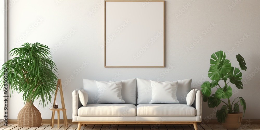 White blank poster mockup in living, scandinavian style,