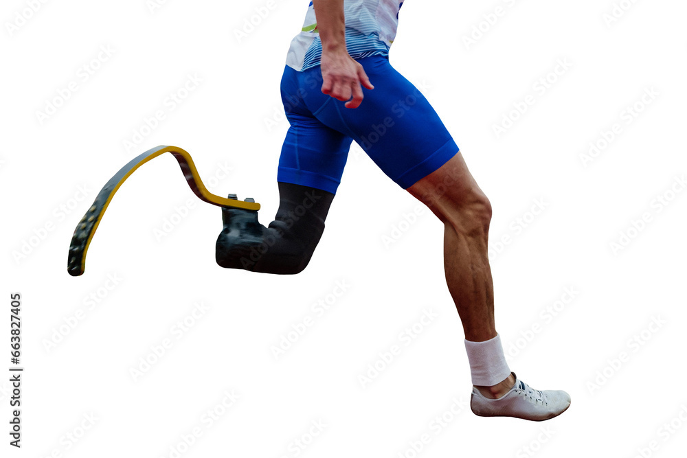 male runner para-athlete on prosthesis running track stadium, isolated on transparent background