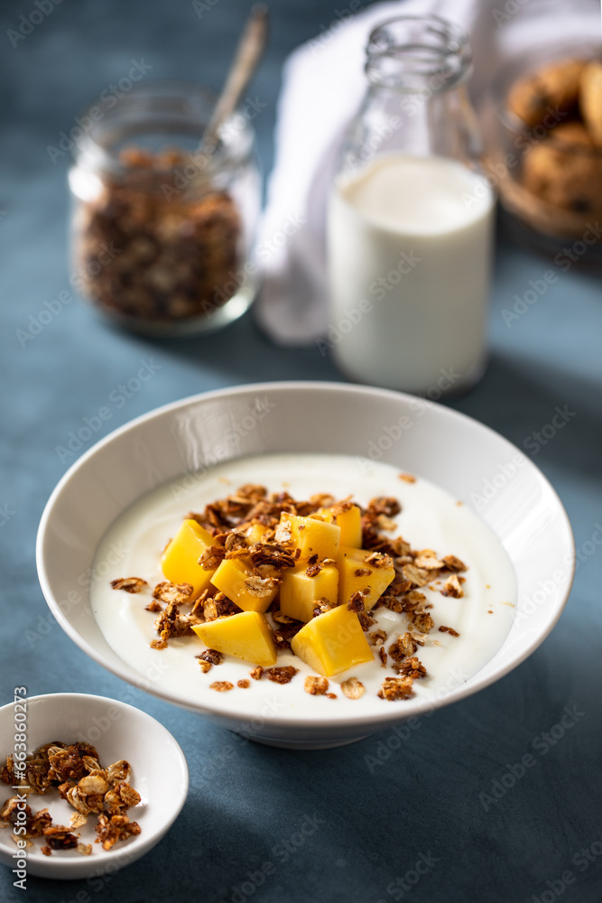 Homemade yogurt with granola and mango