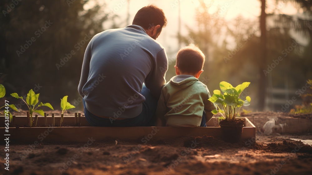 Father and son planting young sprout together, teaching importance of green, sustainable future and the role of trees in ecological balance. Nature conservation and sustainability for next generation.