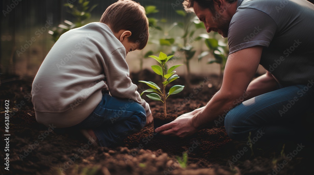 Father and son planting young sprout together, teaching importance of green, sustainable future and the role of trees in ecological balance. Nature conservation and sustainability for next generation.