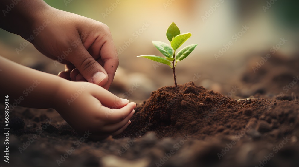 Father and son planting young sprout together, teaching importance of green, sustainable future and the role of trees in ecological balance. Nature conservation and sustainability for next generation.