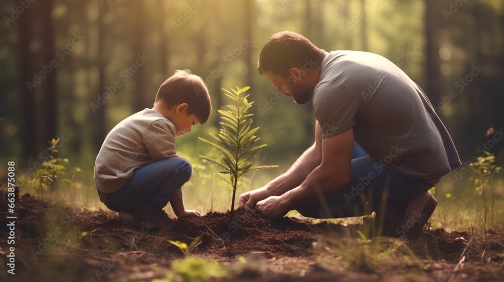 Father and son planting young sprout together, teaching importance of green, sustainable future and the role of trees in ecological balance. Nature conservation and sustainability for next generation.