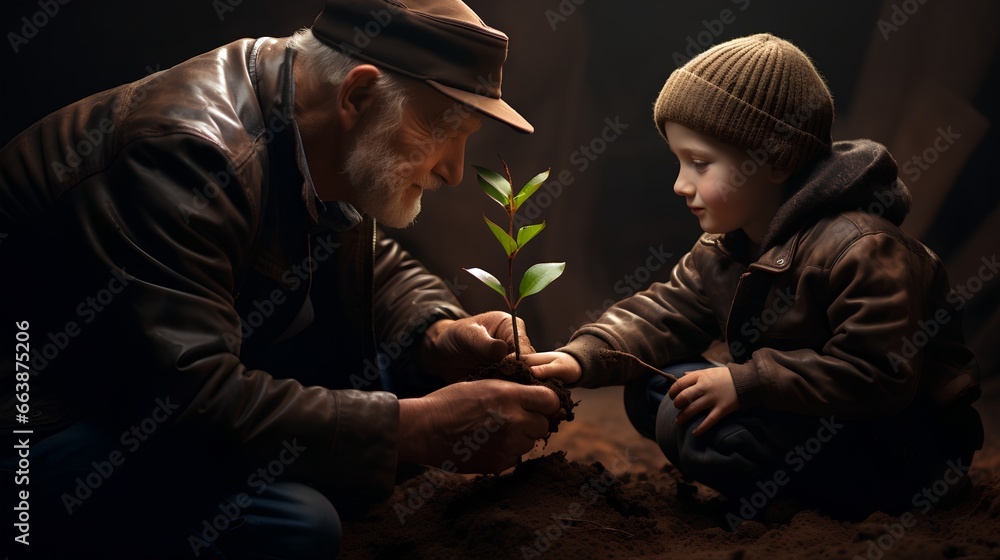 Grandfather and son planting young sprout together, teaching of green, sustainable future and the role of trees in ecological balance. Nature conservation and sustainability for next generation.