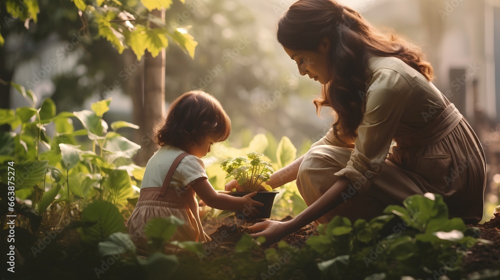 Mother and daughter planting young sprout in garden together, teaching of green, sustainable future and role of trees in ecological balance. Nature conservation and sustainability for next generation.