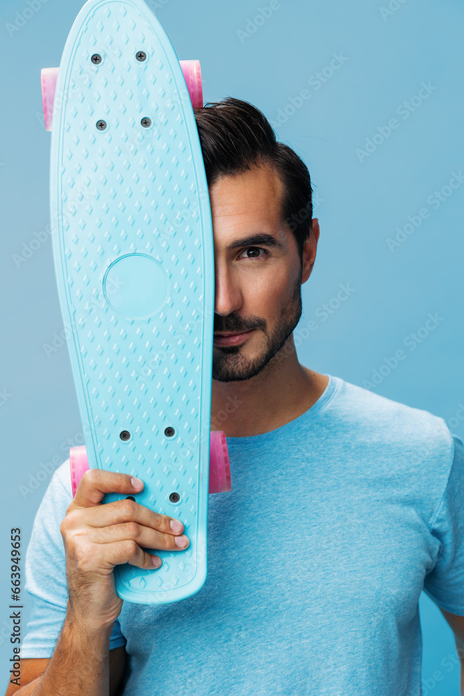 Portrait man summer lifestyle guy space studio hipster skateboard copy sport skate