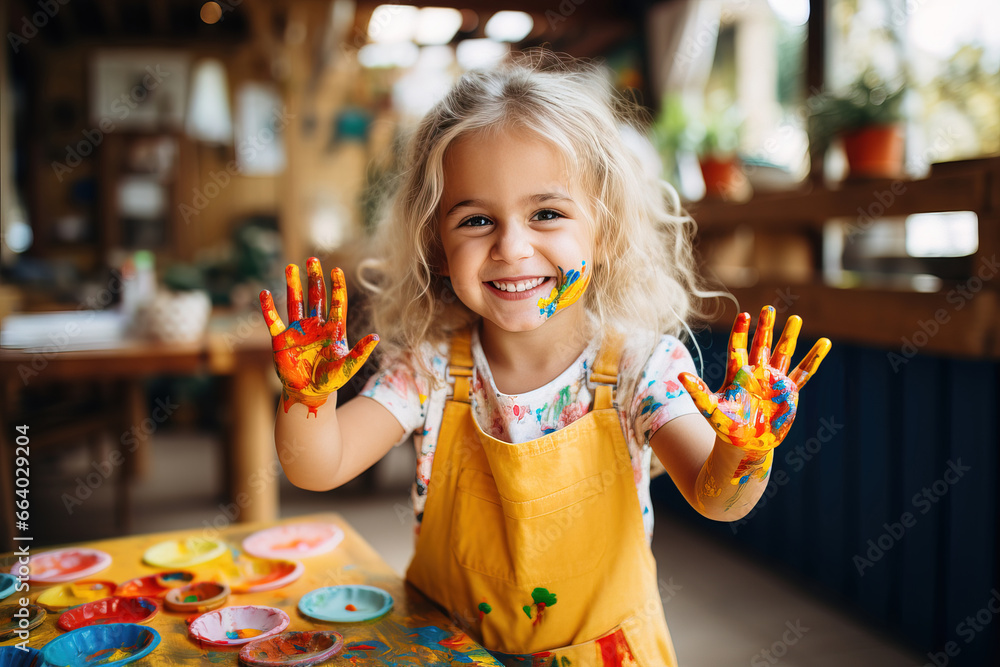 Portrait of a cheerful girl with paint stained hands and face