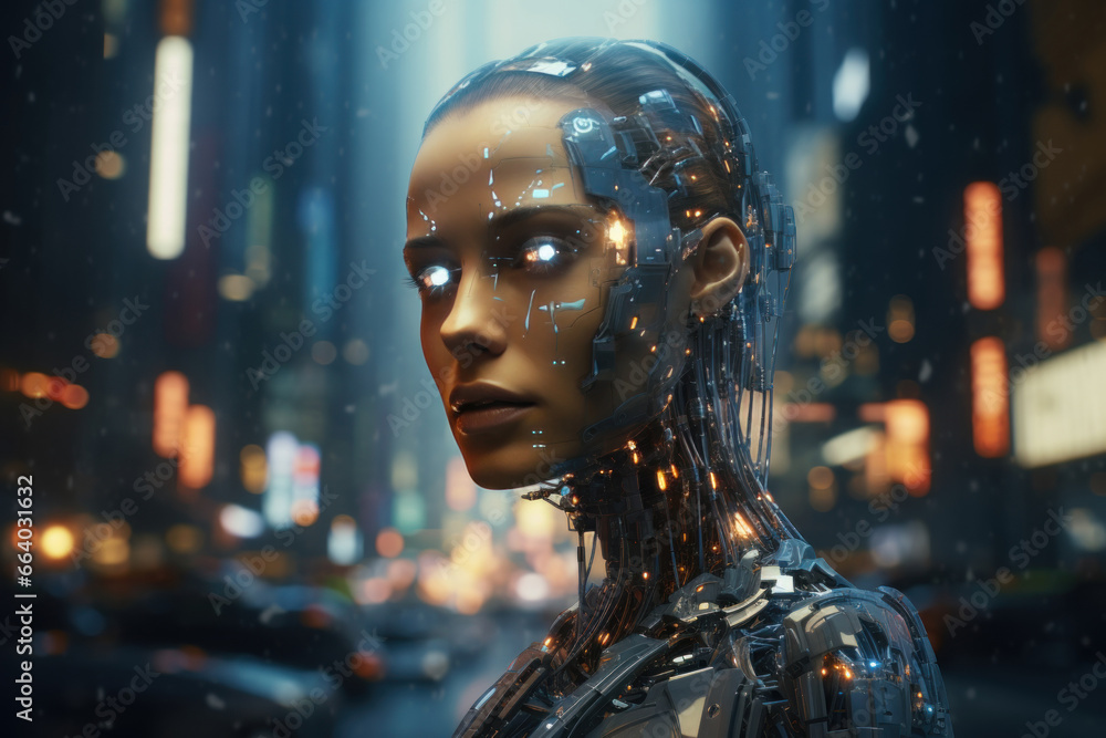 Female robot, with integrated hologram and technology elements over her face on futuristic background.. Cyborg bionic human robotic synthetic android with artificial intelligence