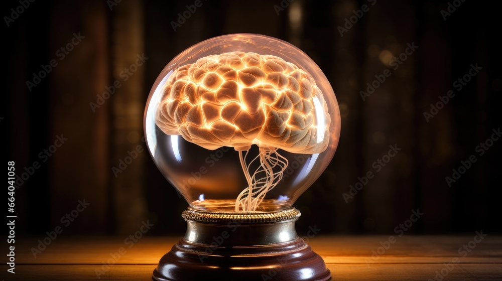 A lightbulb with a glowing brain inside. Conceptual visualization of innovative thinking, the power of intelligence, and idea creation. Birth of a thought. Illustration for varied design.