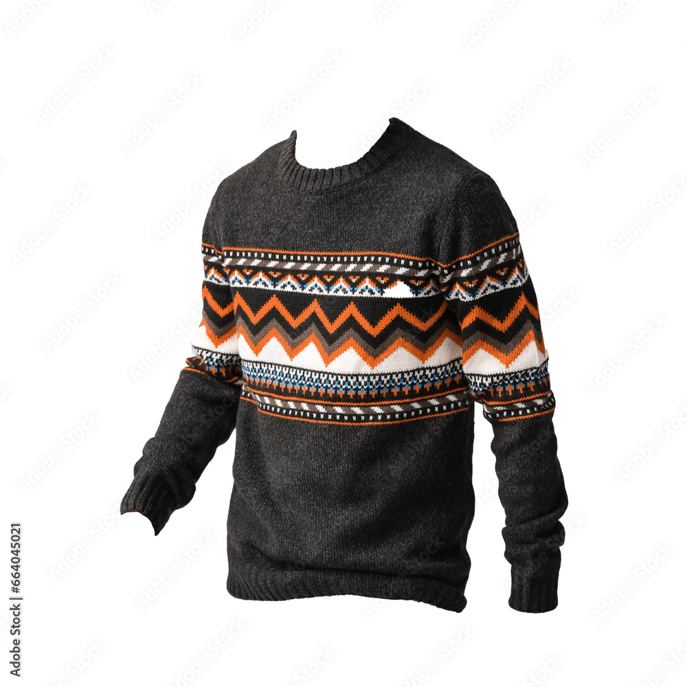 Handsome young Asian man in knitted sweater on grey background