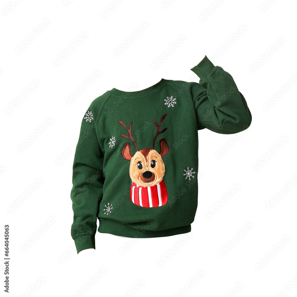 Stylish green Christmas sweater on white background