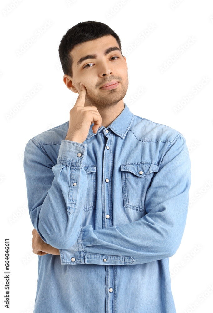 Thoughtful young man on white background