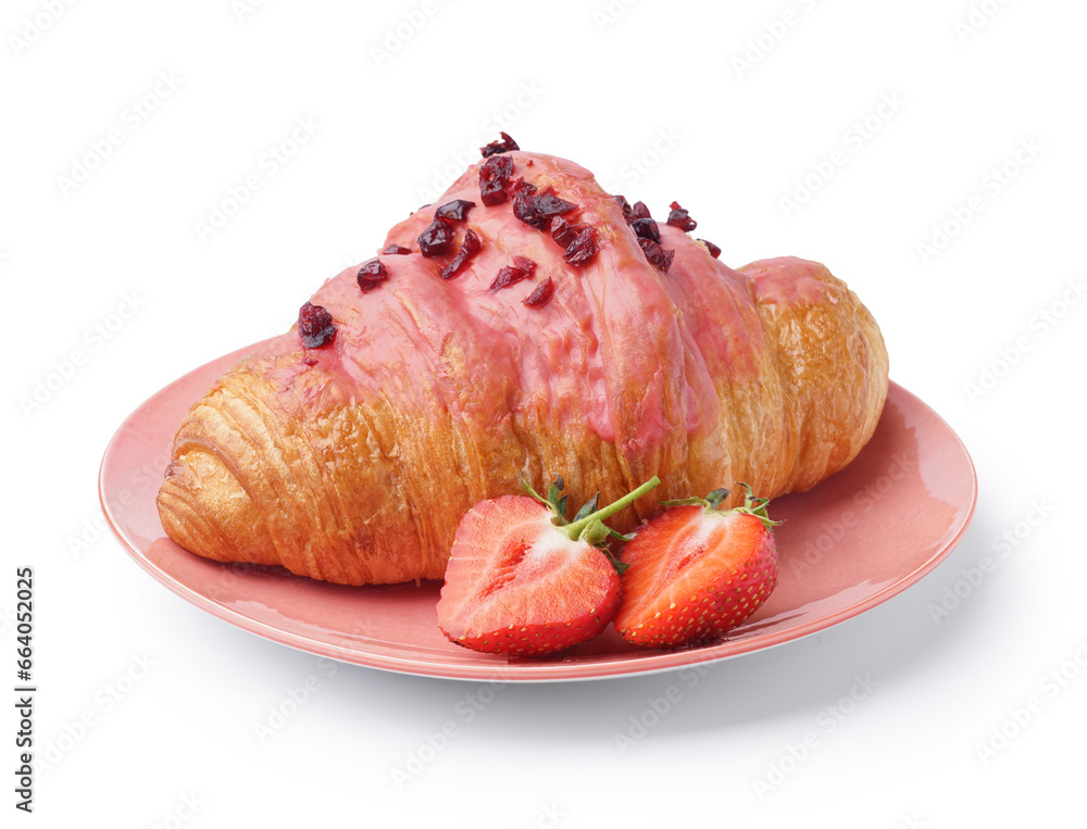 Plate of tasty sweet croissant isolated on white background