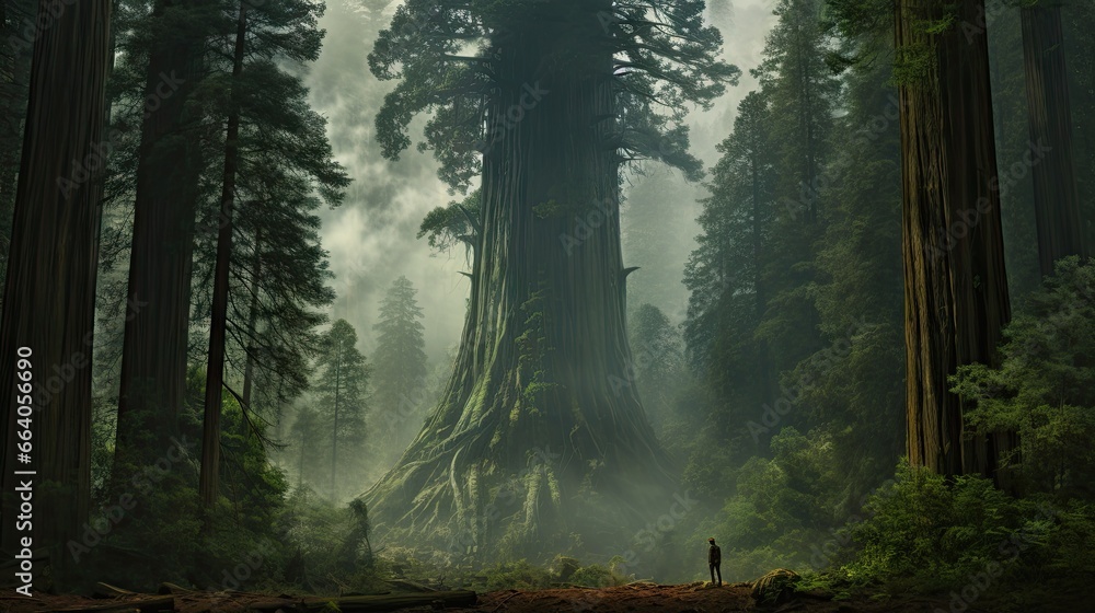  a man standing in the middle of a forest next to a giant tree.  generative ai