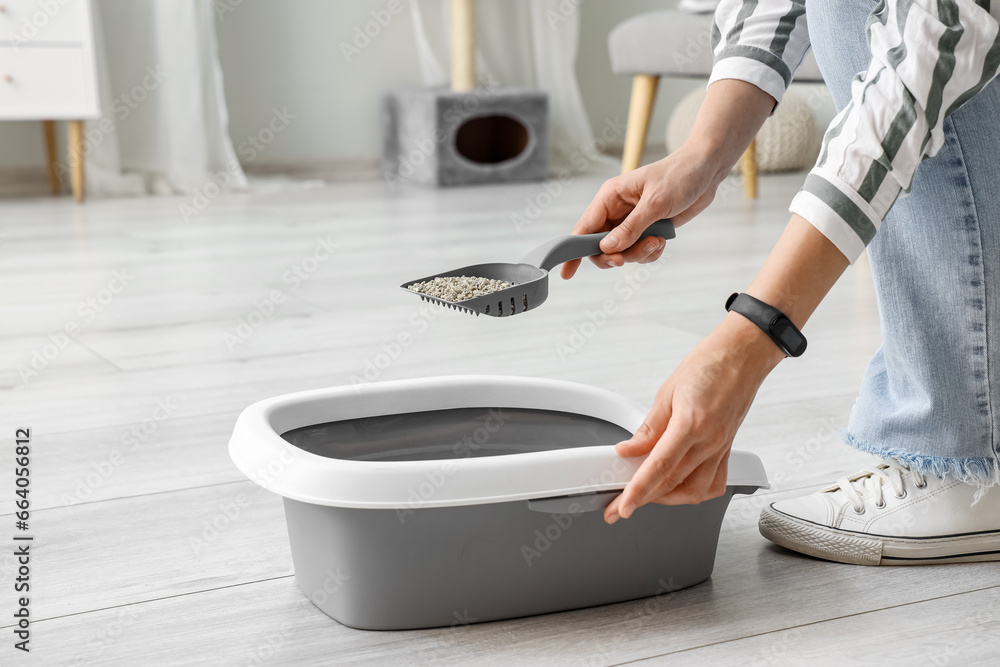 Woman with litter box for cat in living room, closeup