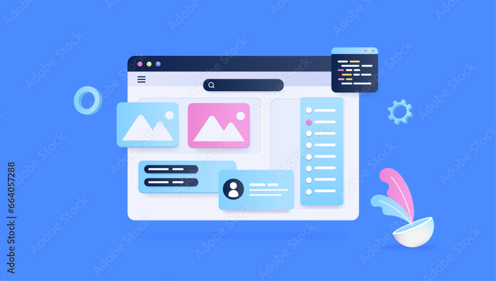 Web design and development - Browser window with abstract page or application on screen. Semi flat 3d vector design in flat front view