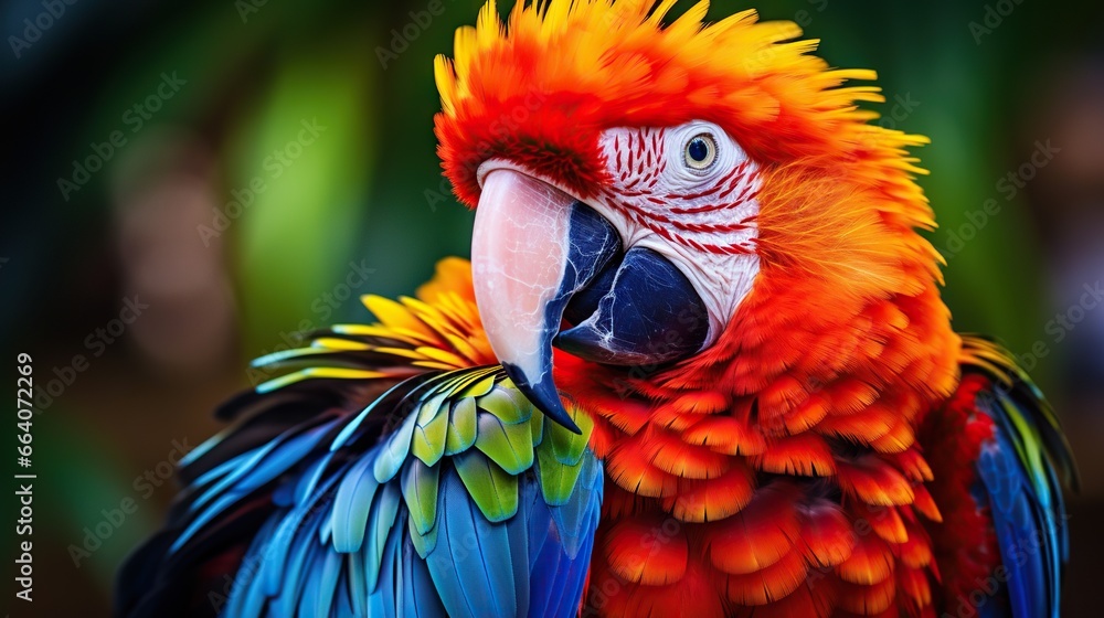  a colorful parrot with a red, yellow, and blue feathers.  generative ai