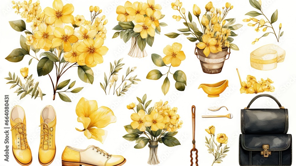  a bunch of yellow flowers and shoes on a white background.  generative ai