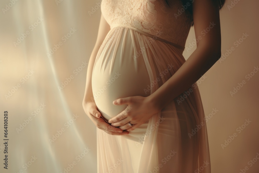 Image of pregnant woman touching her belly with hands