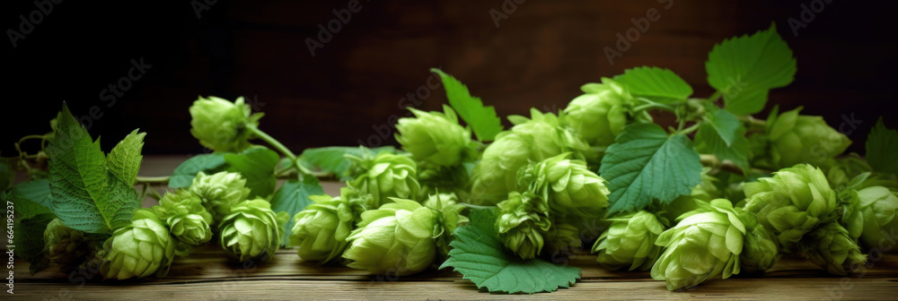 Fresh cones of green hops on the wooden background.