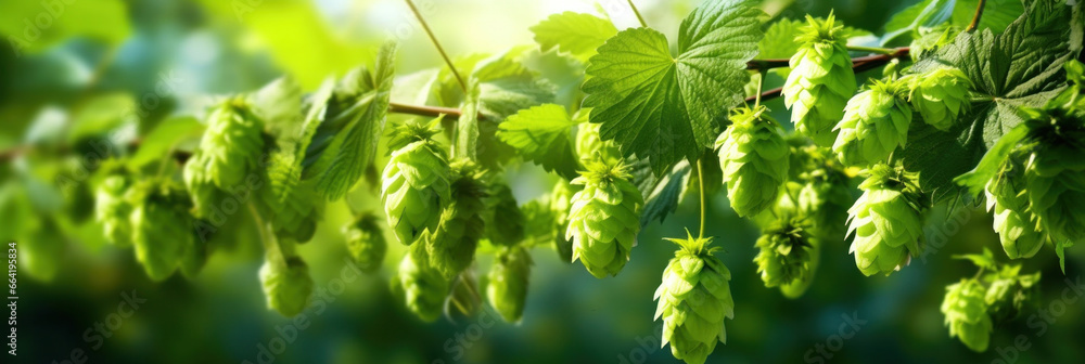 Green fresh hop cones for making beer, bokeh background